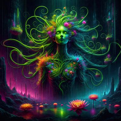 The primary subject of the image is a woman with a green head, surrounded by a vibrant and colorful environment. The setting includes a pond with flowers and a cave in the background. The visual style of the image is digital art, with a focus on the woman's unique appearance and the lush, colorful surroundings. The colors and mood of the image are lively and whimsical, with the woman's green head and the vibrant flowers and cave creating a sense of wonder and fantasy.